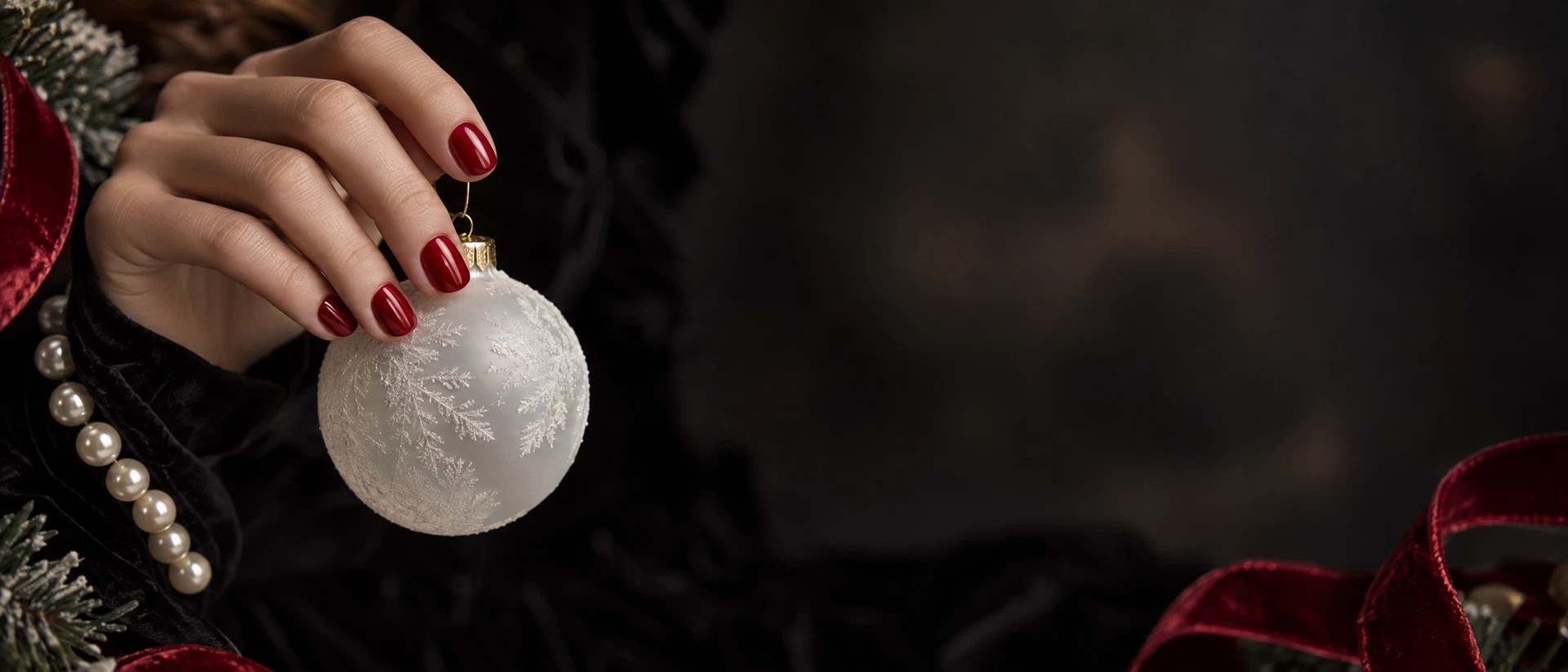 Holiday beauty editorial with a red manicure and white ornament