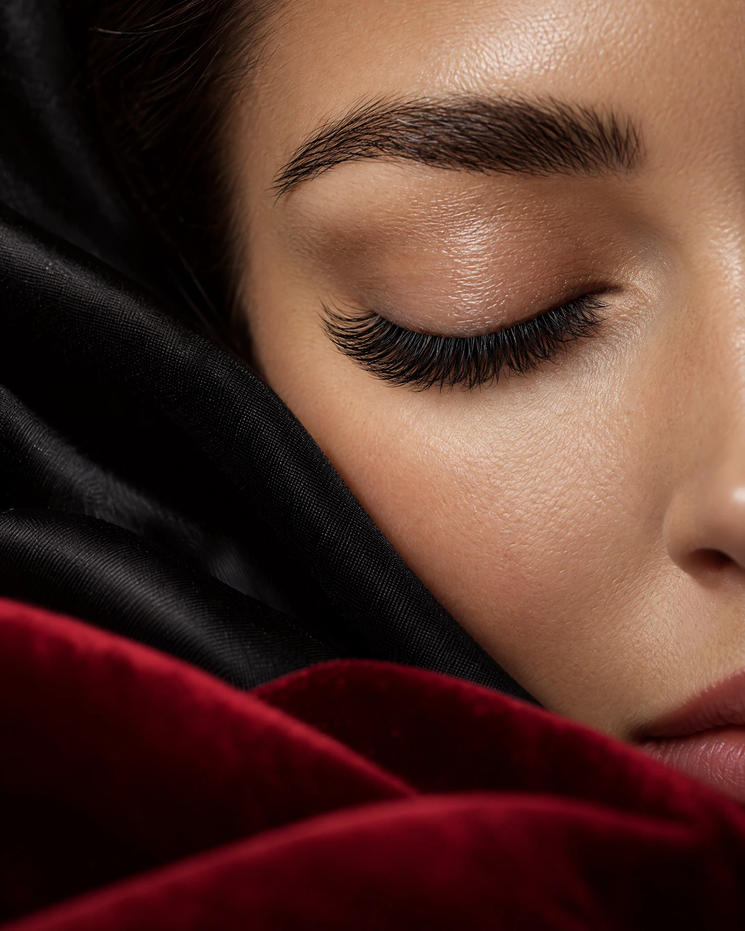 Editorial close-up of softly styled eyelashes